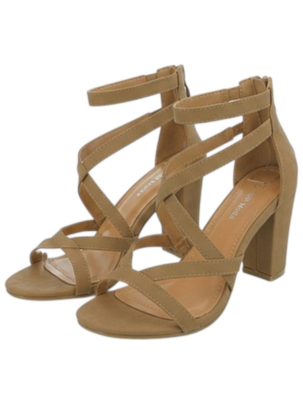 Women's Strappy Block Heel Nubuck Tan Sandals | Criss Cross Ankle Strap Shoes